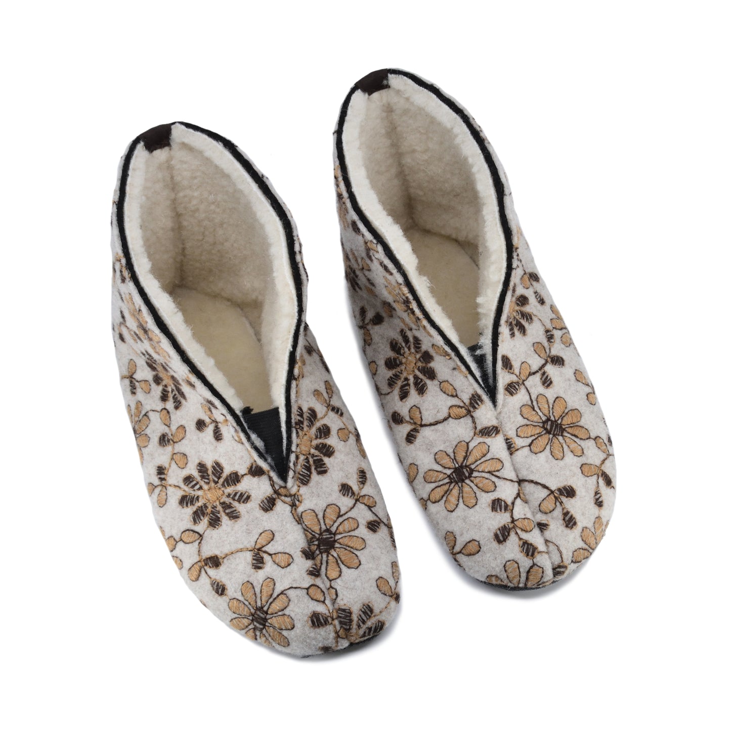 Natural Felt and Sheep's Wool Slippers - Floral Pattern