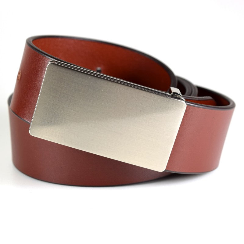 Leather belt with brushed nickel buckle, 35mm width, available in 90cm, 100cm, and 110cm lengths