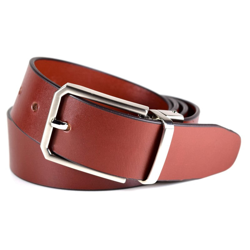 Men’s leather belt with brushed nickel buckle, 35mm wide, available in 90cm, 100cm, and 110cm lengths