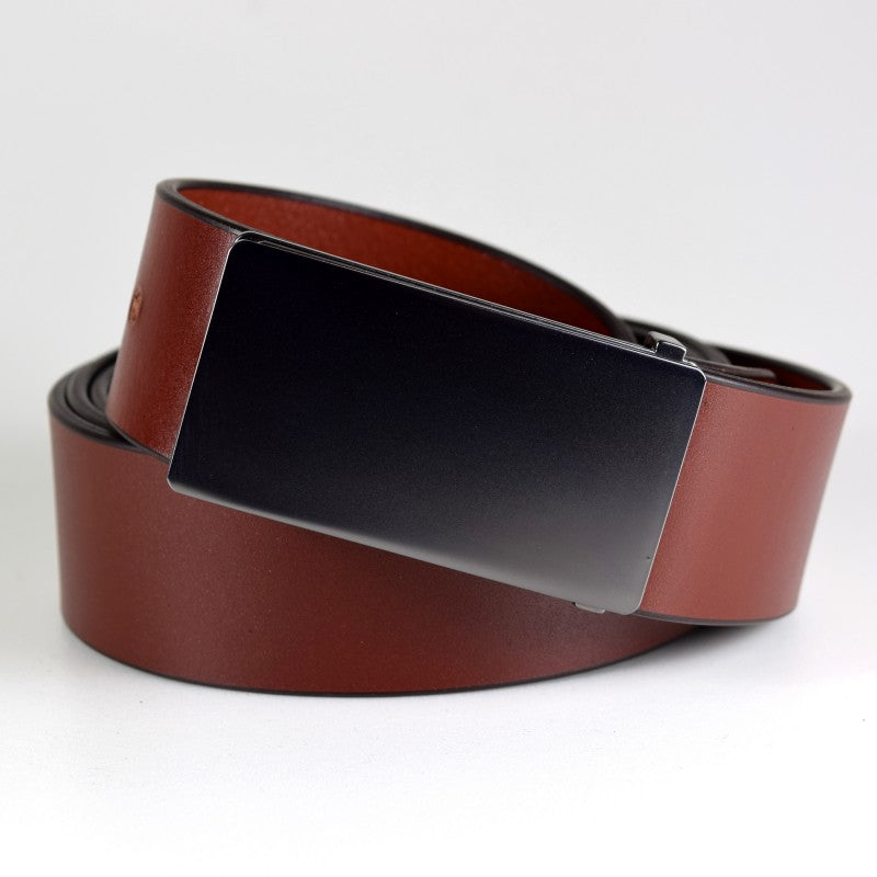 Alt-Text:
Men’s leather belt with brushed black nickel buckle, 35mm wide, available in 90cm, 100cm, and 110cm lengths