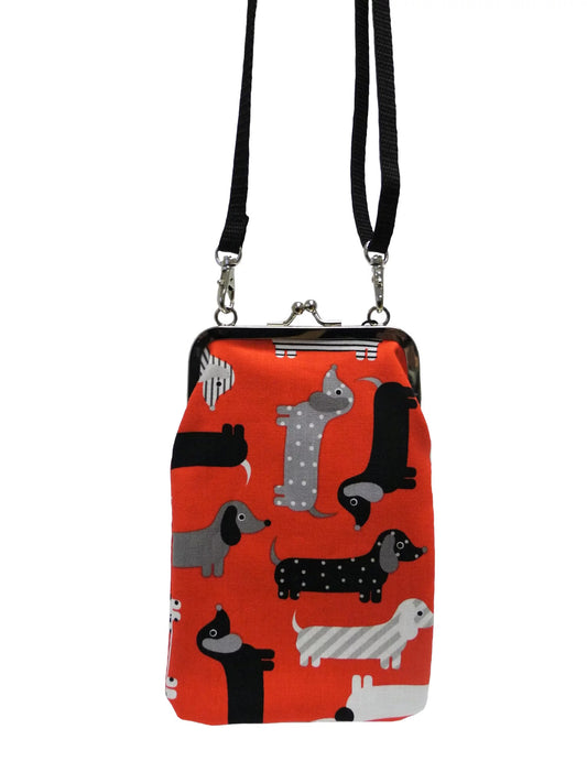 Colorful fabric phone bag with adjustable strap – fits most smartphones, handmade in Finland