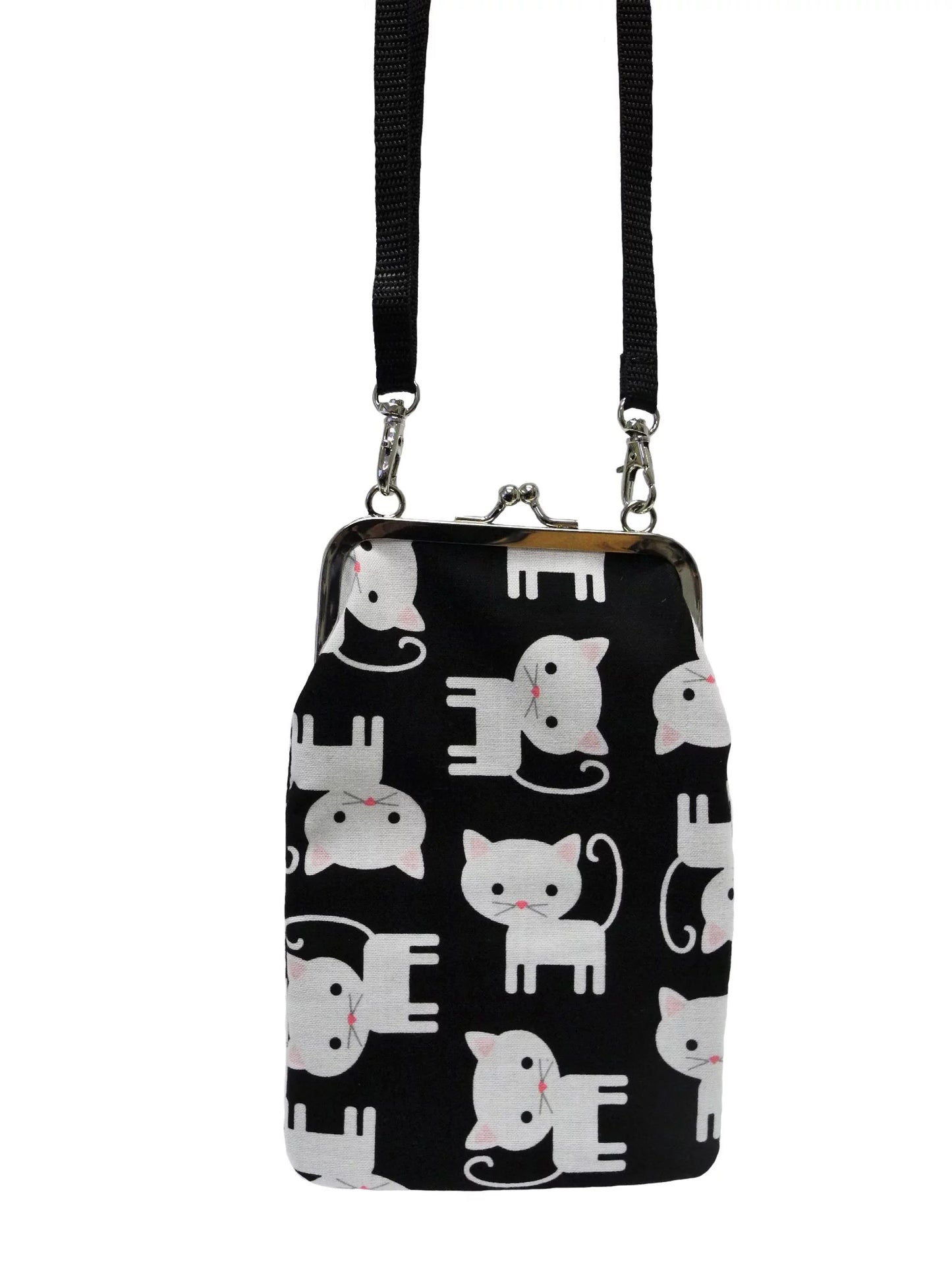 Colorful fabric phone bag with adjustable strap – fits most smartphones, handmade in Finland