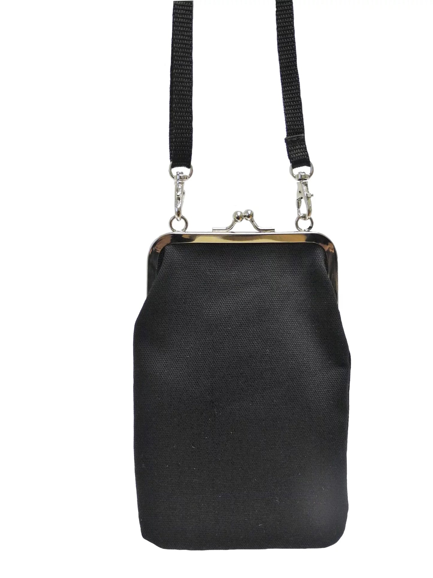 Black fabric phone bag with adjustable strap – fits most smartphones, handmade in Finland