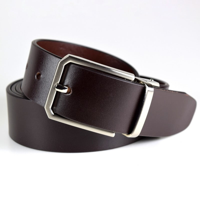Men’s leather belt with brushed nickel buckle, 35mm wide, available in 90cm, 100cm, and 110cm lengths