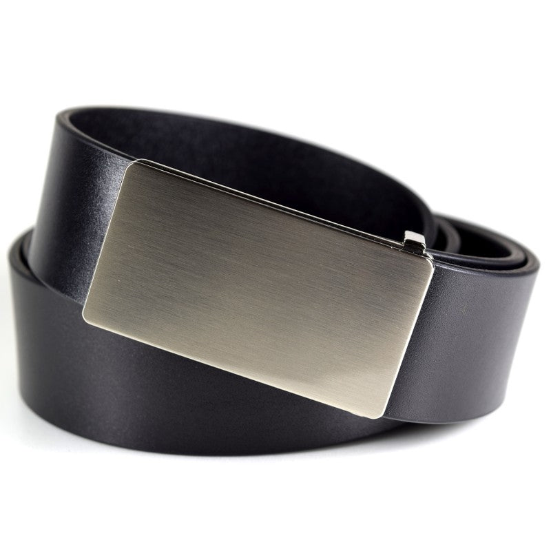 Leather belt with brushed nickel buckle, 35mm width, available in 90cm, 100cm, and 110cm lengths