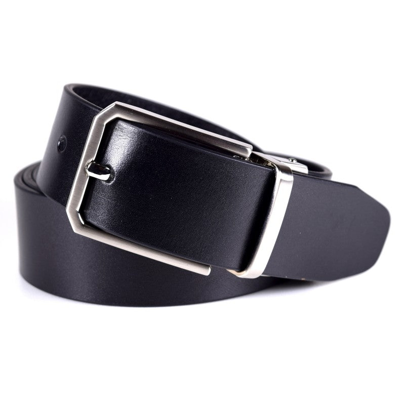 Men’s leather belt with brushed nickel buckle, 35mm wide, available in 90cm, 100cm, and 110cm lengths