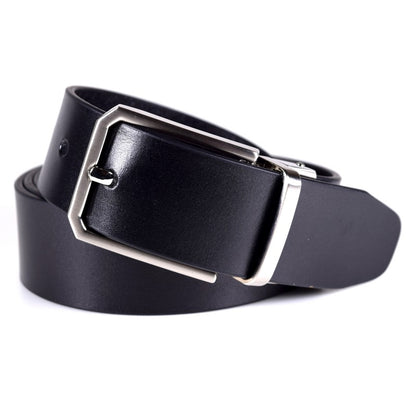 Men’s leather belt with brushed nickel buckle, 35mm wide, available in 90cm, 100cm, and 110cm lengths