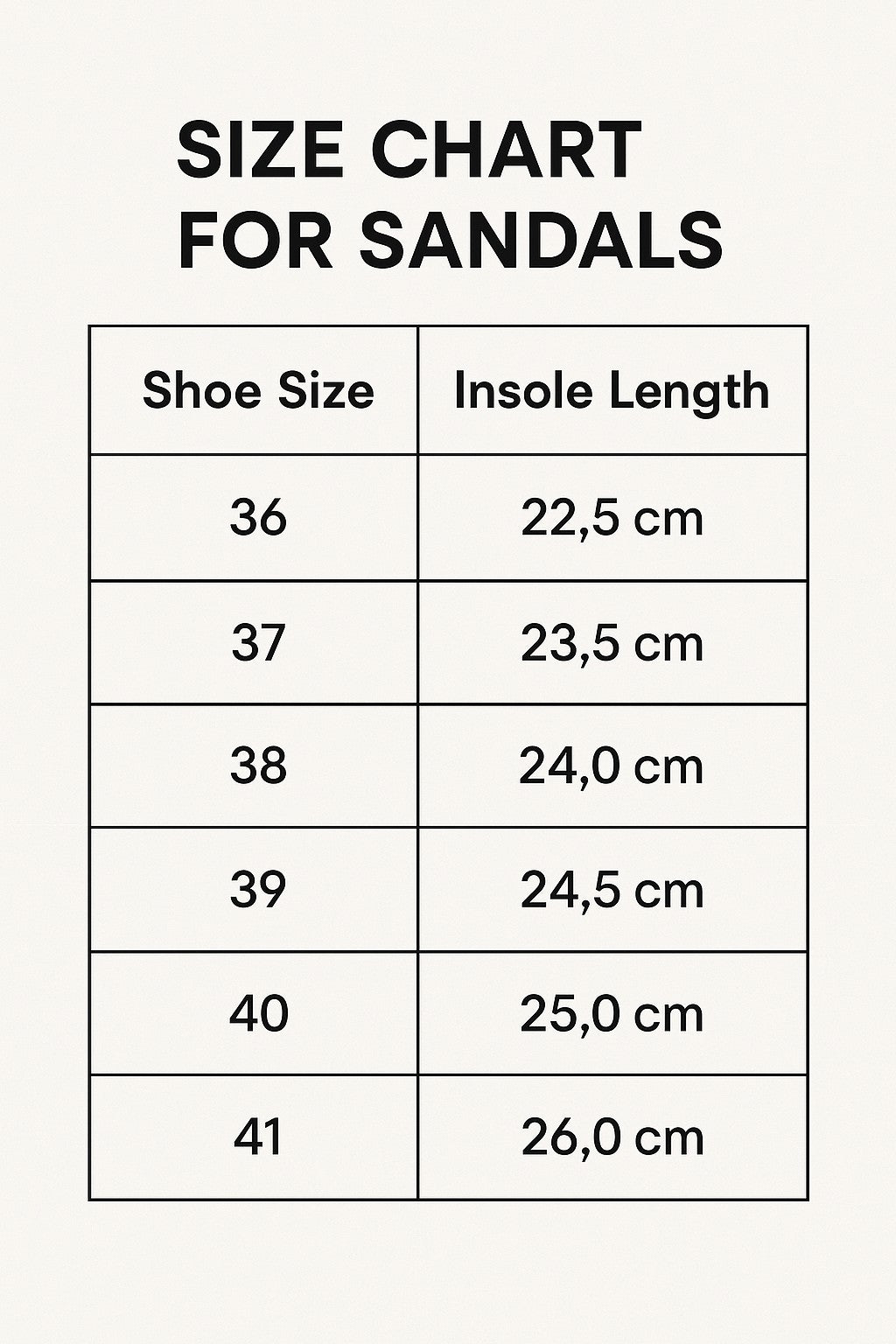 size chart for sandals