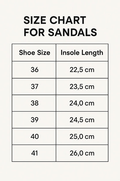 size chart for sandals